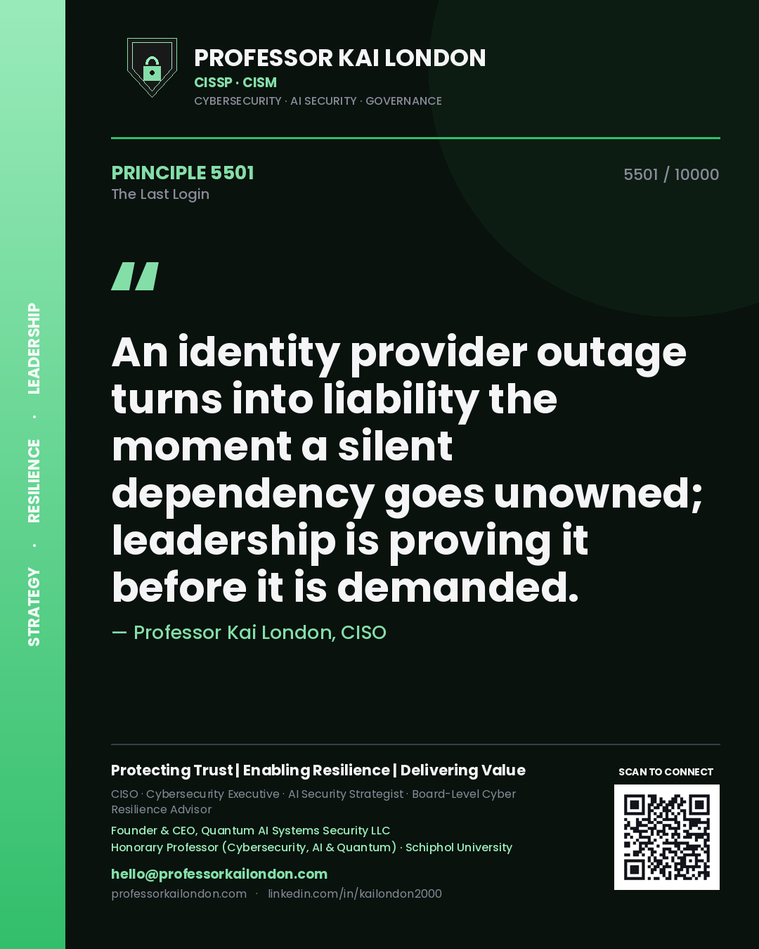 Quote card by Professor Kai London reading 'An identity provider outage turns into liability the moment a silent dependency goes unowned; leadership is proving it before it is demanded.'. From the book The Last Login.