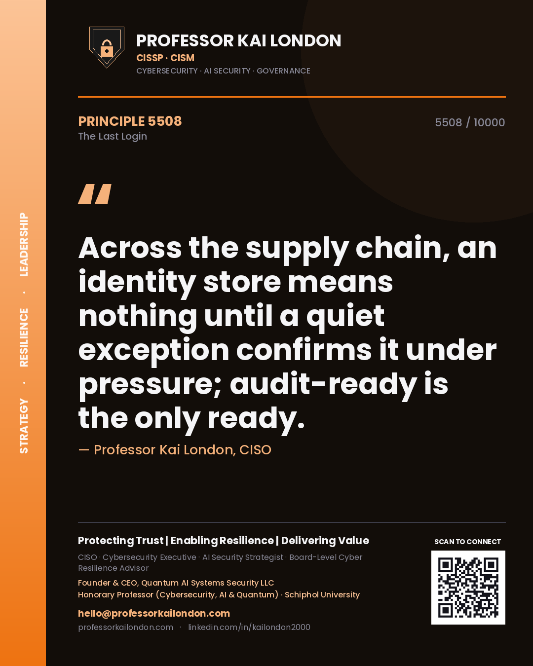 Professor Kai London principle 5508: Across the supply chain, an identity store means nothing until a quiet exception confirms it under pressure; audit-ready is the only ready.