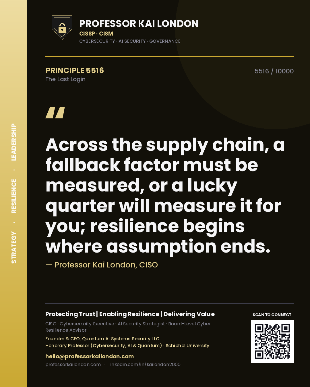 Professor Kai London principle 5516: Across the supply chain, a fallback factor must be measured, or a lucky quarter will measure it for you; resilience begins where assumption ends.