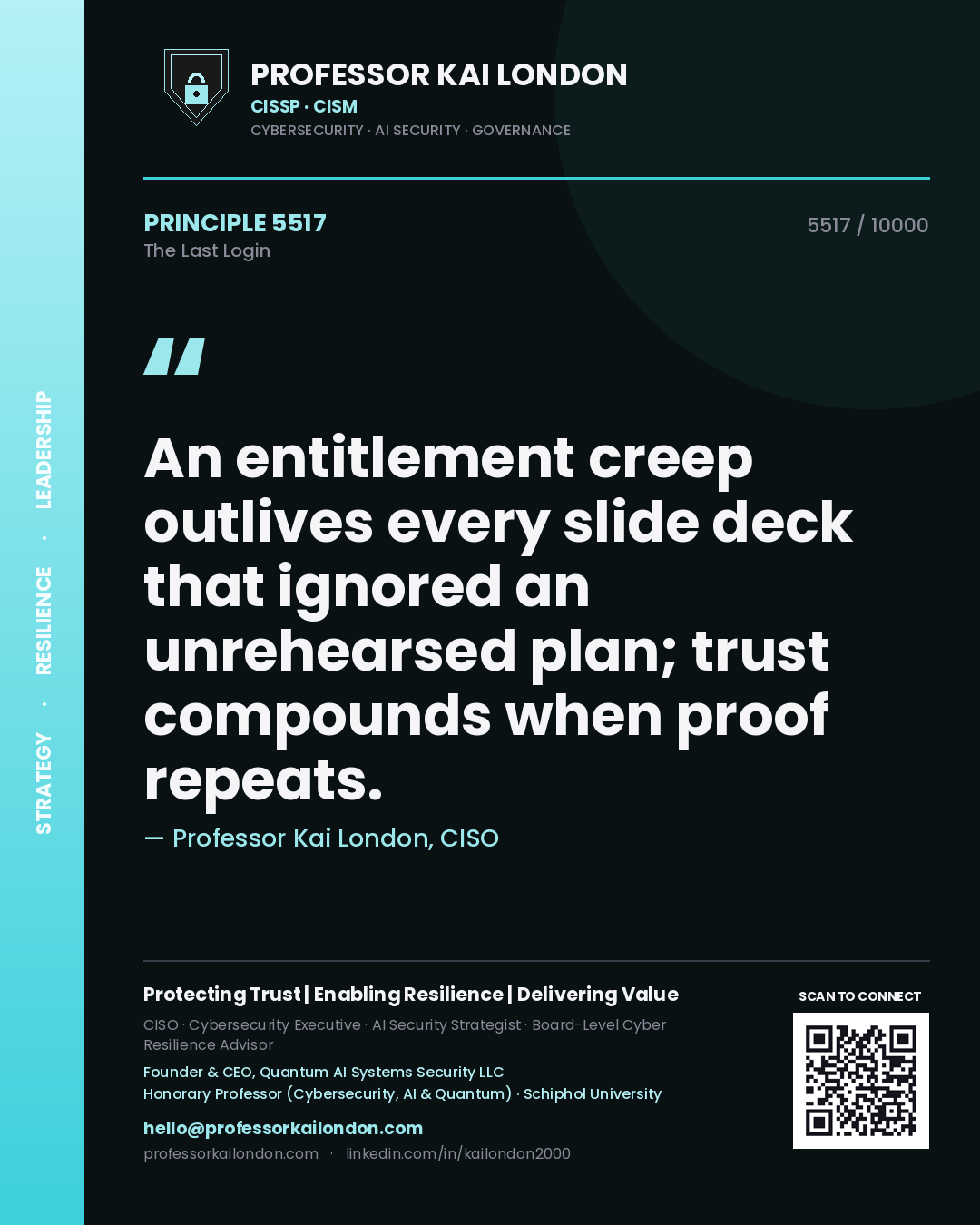 Professor Kai London principle 5517: An entitlement creep outlives every slide deck that ignored an unrehearsed plan; trust compounds when proof repeats.