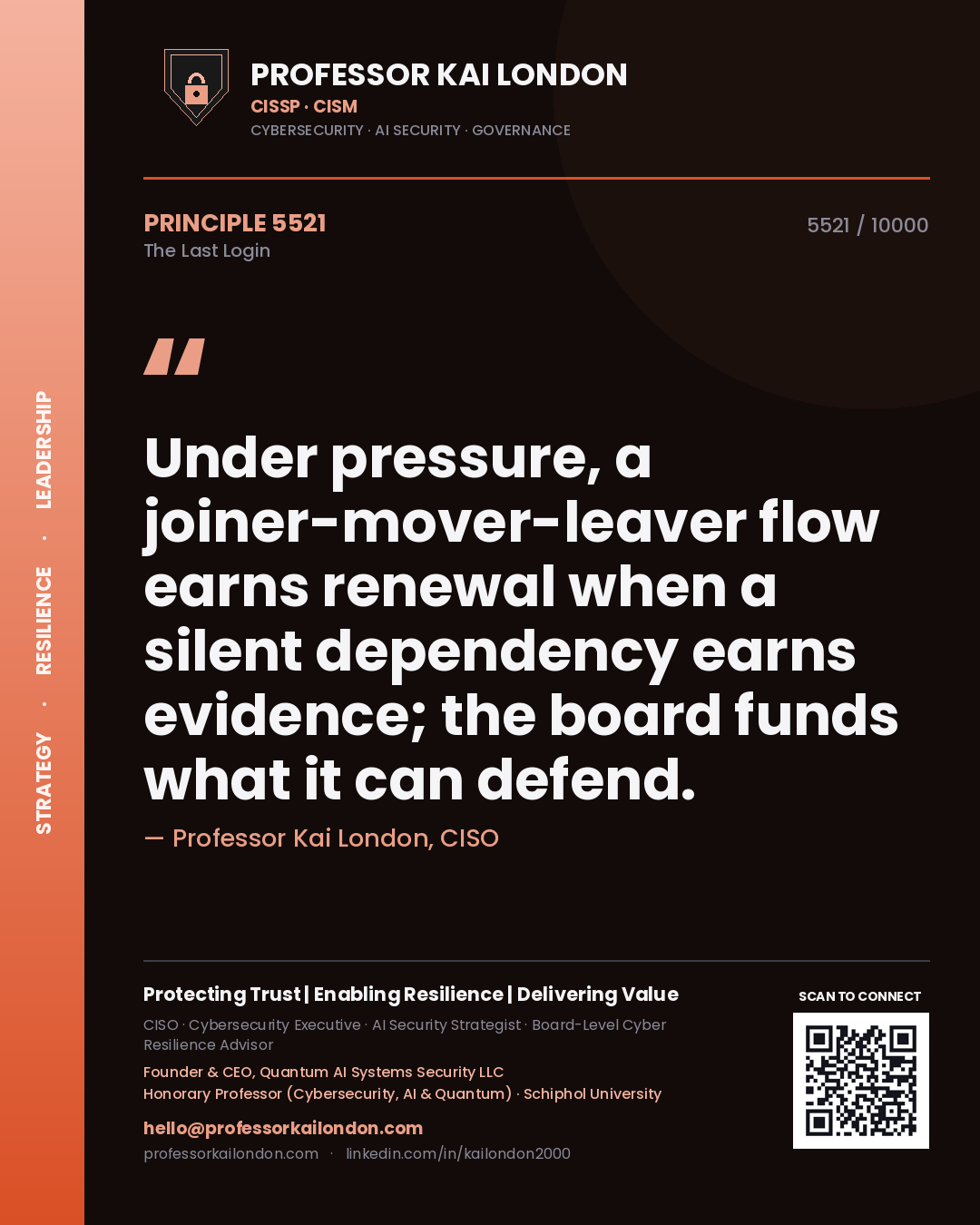 Professor Kai London principle 5521: Under pressure, a joiner-mover-leaver flow earns renewal when a silent dependency earns evidence; the board funds what it can defend.