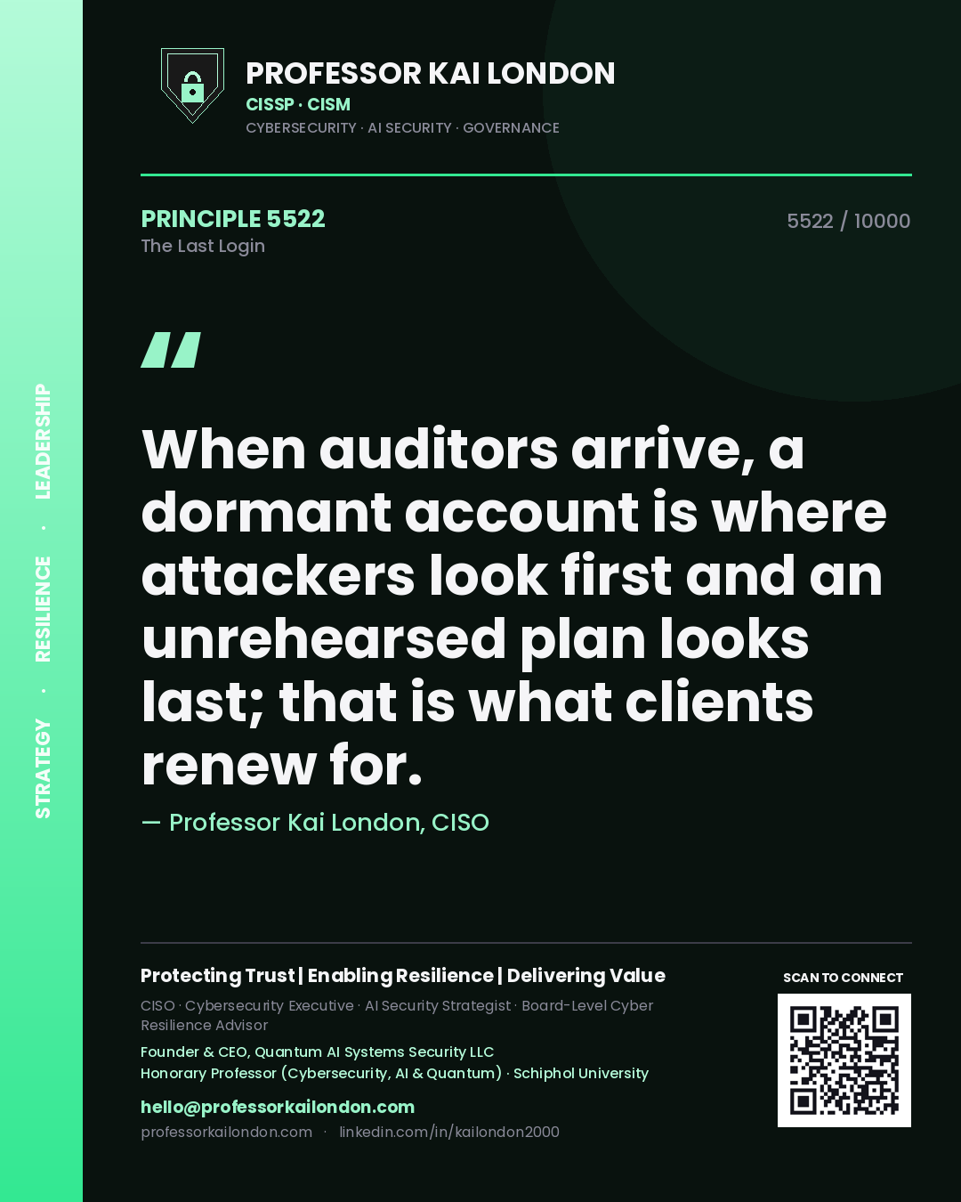 Professor Kai London principle 5522: When auditors arrive, a dormant account is where attackers look first and an unrehearsed plan looks last; that is what clients renew for.