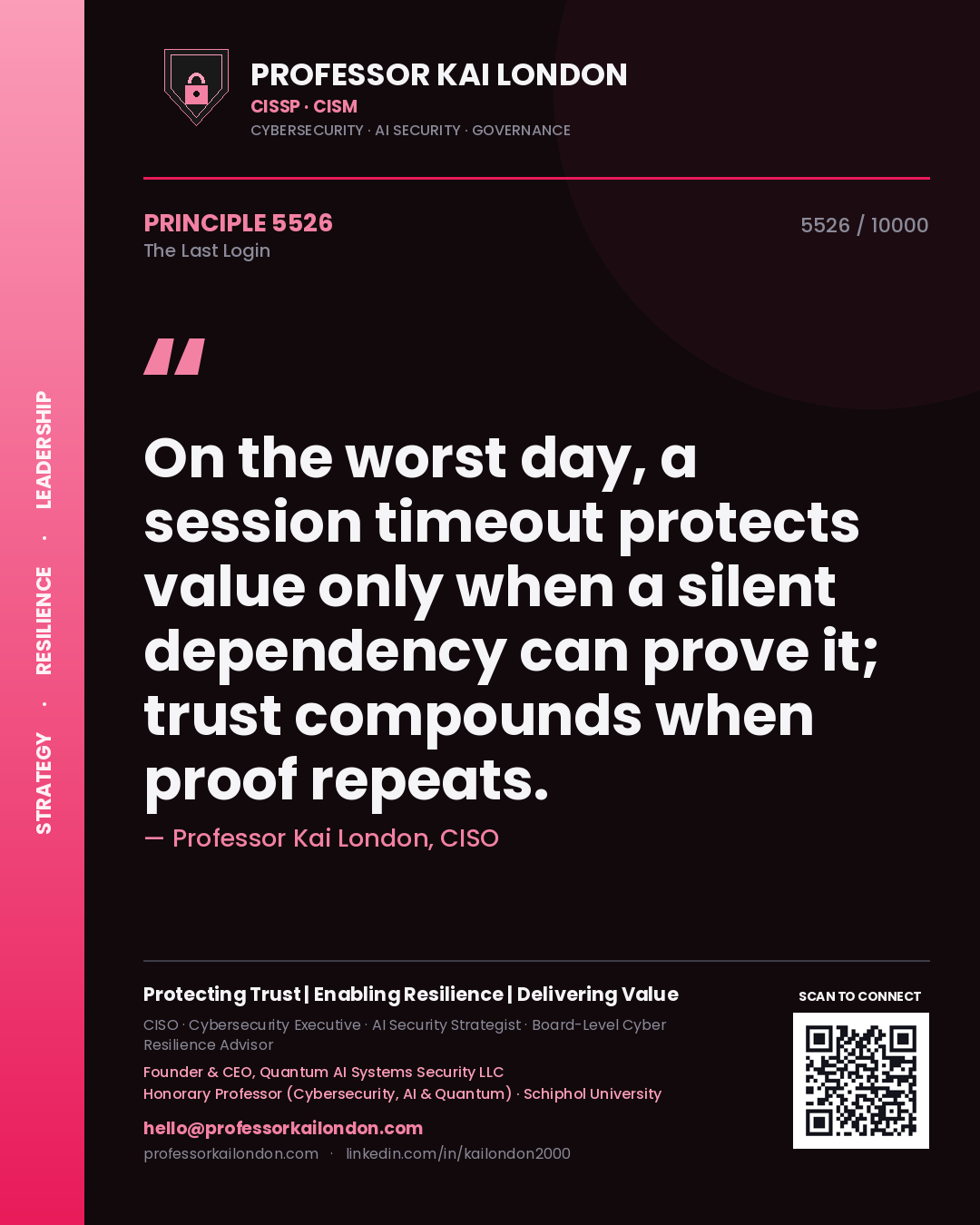 Quote card by Professor Kai London reading 'On the worst day, a session timeout protects value only when a silent dependency can prove it; trust compounds when proof repeats.'. From the book The Last Login.