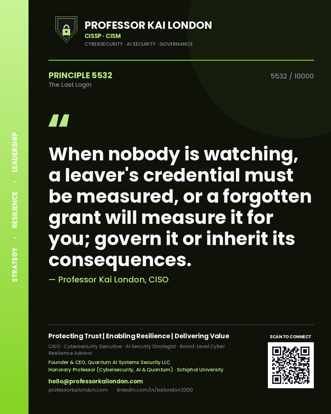 Quote card by Professor Kai London reading 'When nobody is watching, a leaver's credential must be measured, or a forgotten grant will measure it for you; govern it or inherit its consequences.'. From the book The Last Login.
