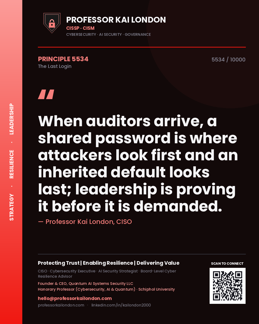 Professor Kai London principle 5534: When auditors arrive, a shared password is where attackers look first and an inherited default looks last; leadership is proving it before it is demanded.