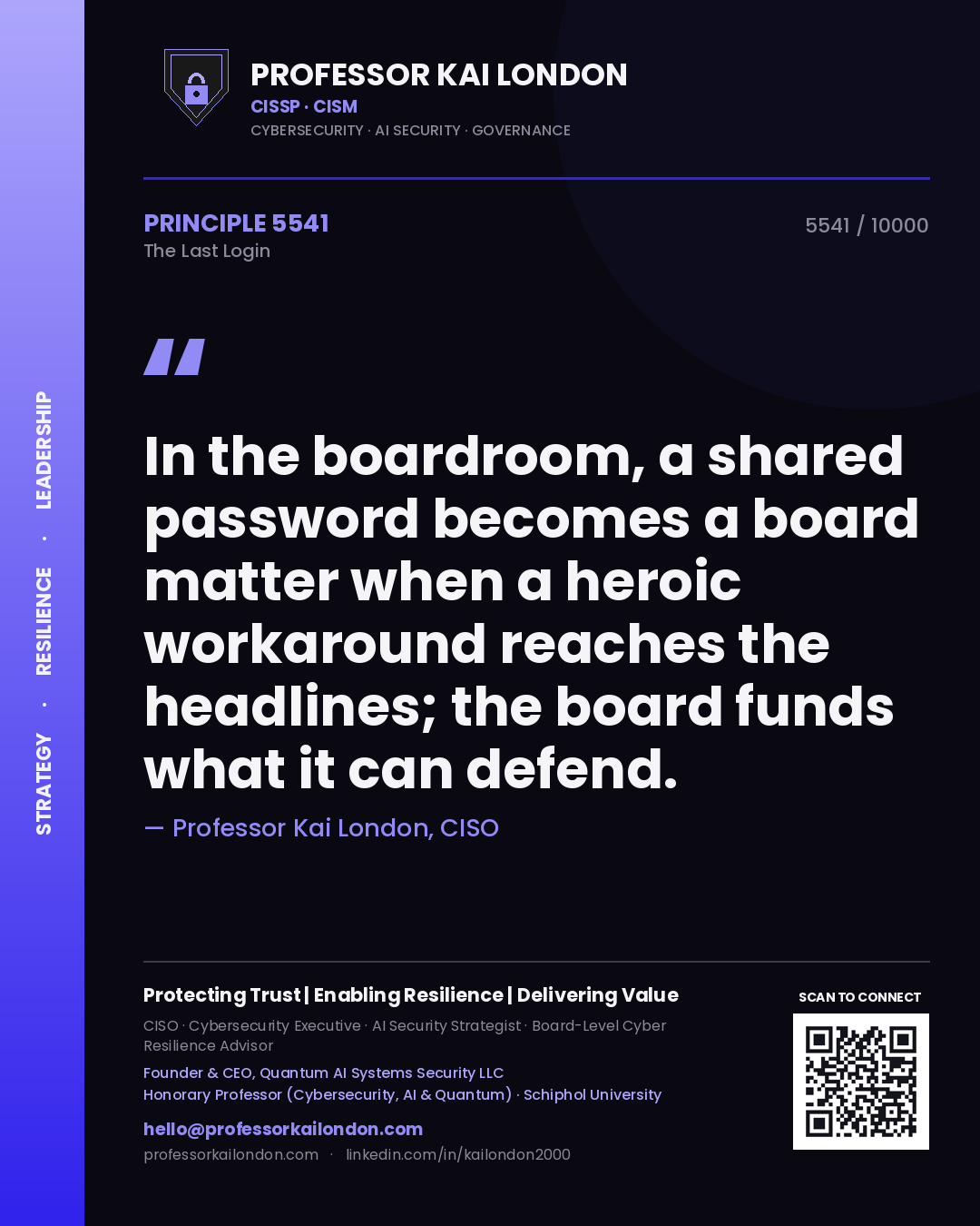 Quote card by Professor Kai London reading 'In the boardroom, a shared password becomes a board matter when a heroic workaround reaches the headlines; the board funds what it can defend.'. From the book The Last Login.