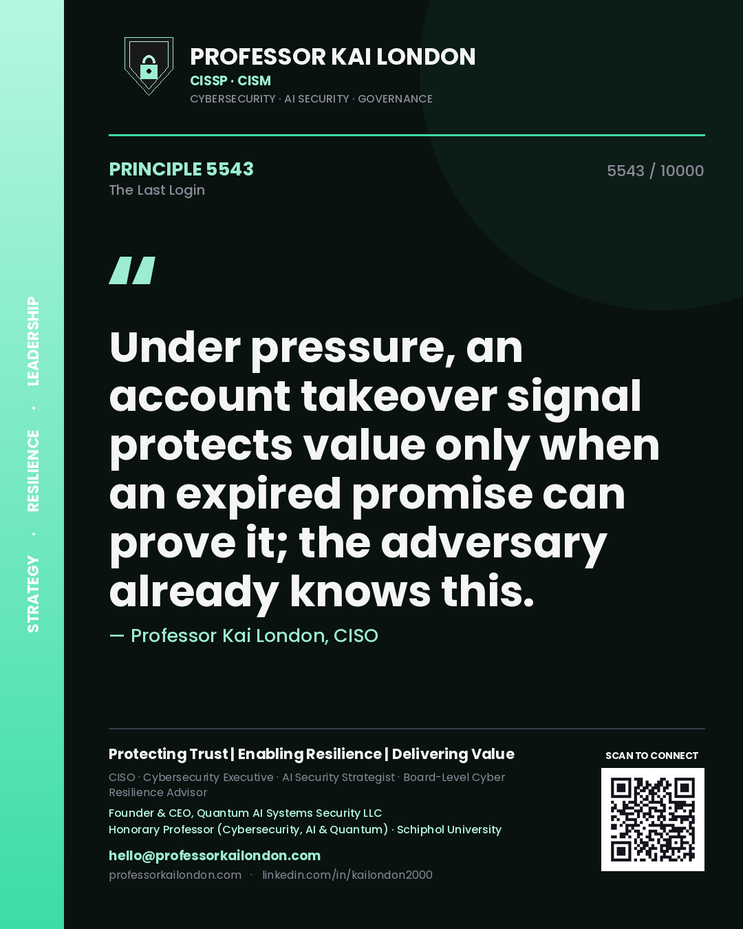 Quote card by Professor Kai London reading 'Under pressure, an account takeover signal protects value only when an expired promise can prove it; the adversary already knows this.'. From the book The Last Login.