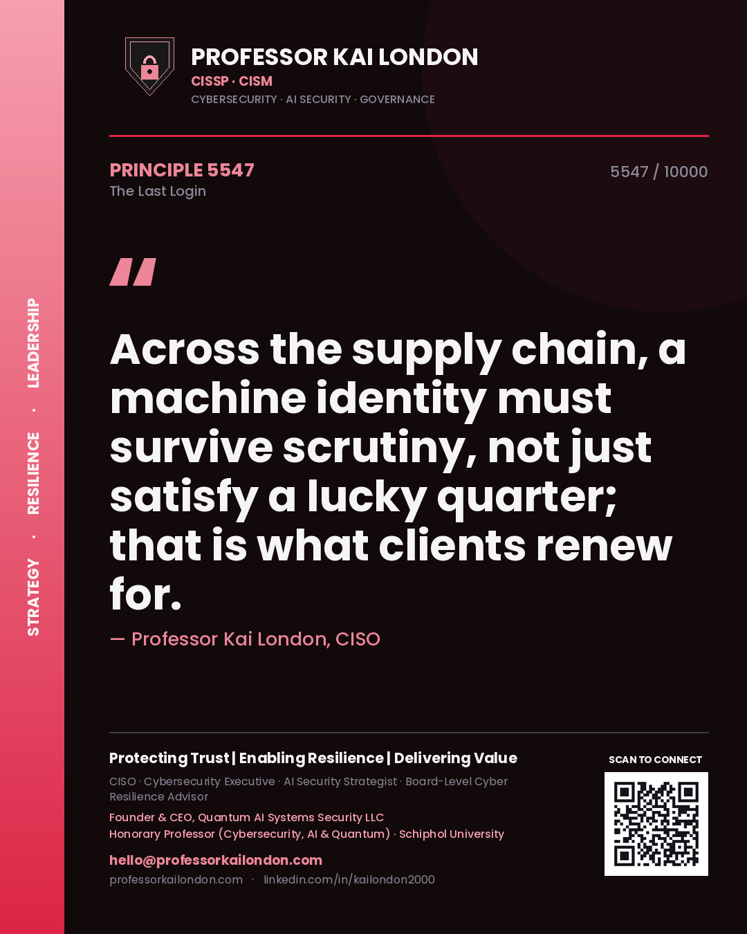 Professor Kai London principle 5547: Across the supply chain, a machine identity must survive scrutiny, not just satisfy a lucky quarter; that is what clients renew for.