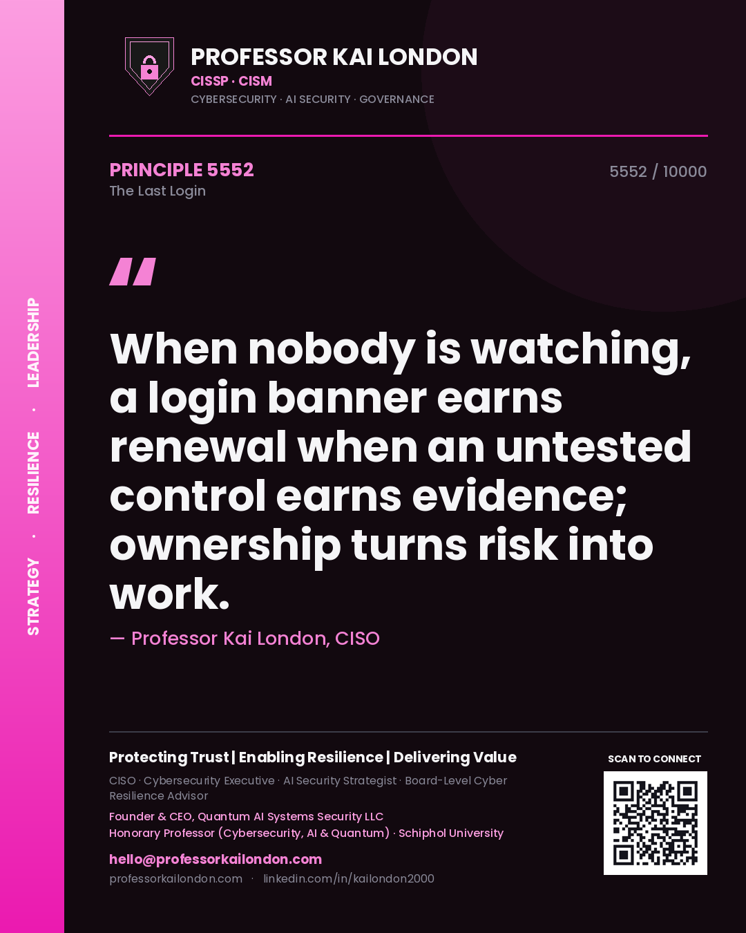 Quote card by Professor Kai London reading 'When nobody is watching, a login banner earns renewal when an untested control earns evidence; ownership turns risk into work.'. From the book The Last Login.