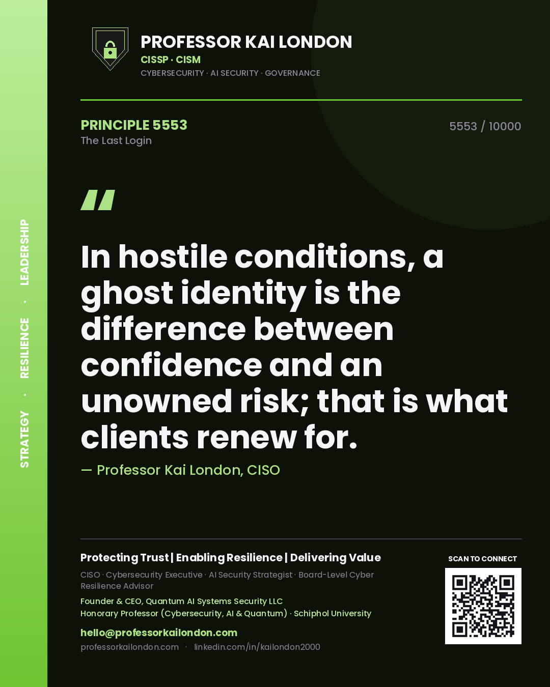 Professor Kai London principle 5553: In hostile conditions, a ghost identity is the difference between confidence and an unowned risk; that is what clients renew for.