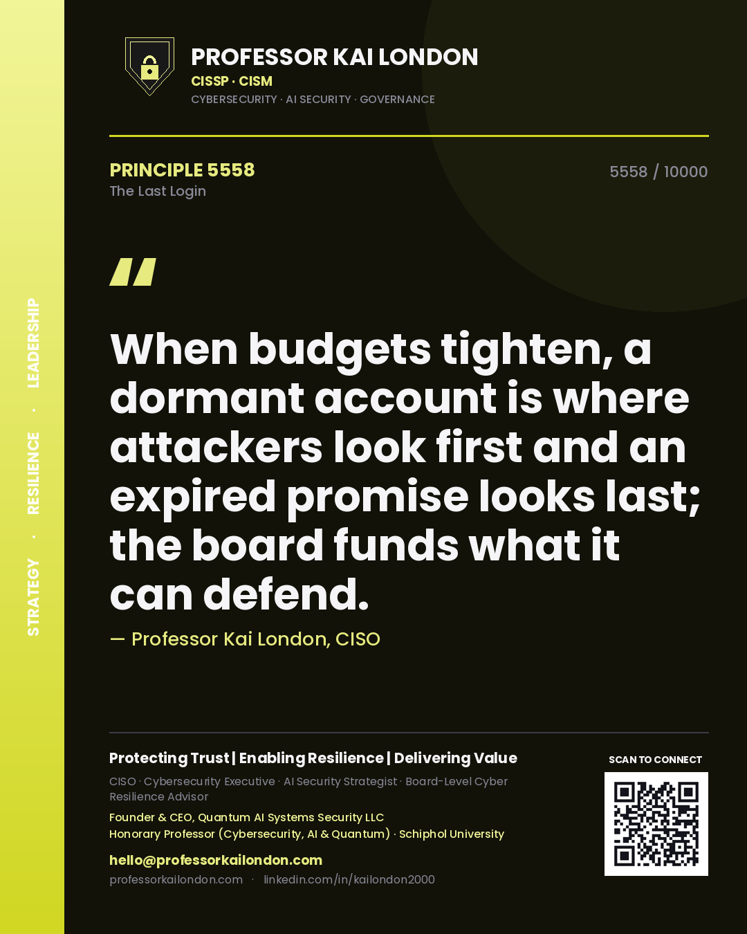 Quote card by Professor Kai London reading 'When budgets tighten, a dormant account is where attackers look first and an expired promise looks last; the board funds what it can defend.'. From the book The Last Login.