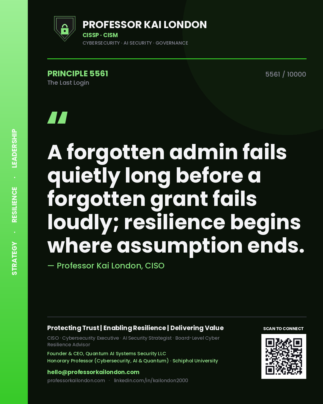 Quote card by Professor Kai London reading 'A forgotten admin fails quietly long before a forgotten grant fails loudly; resilience begins where assumption ends.'. From the book The Last Login.
