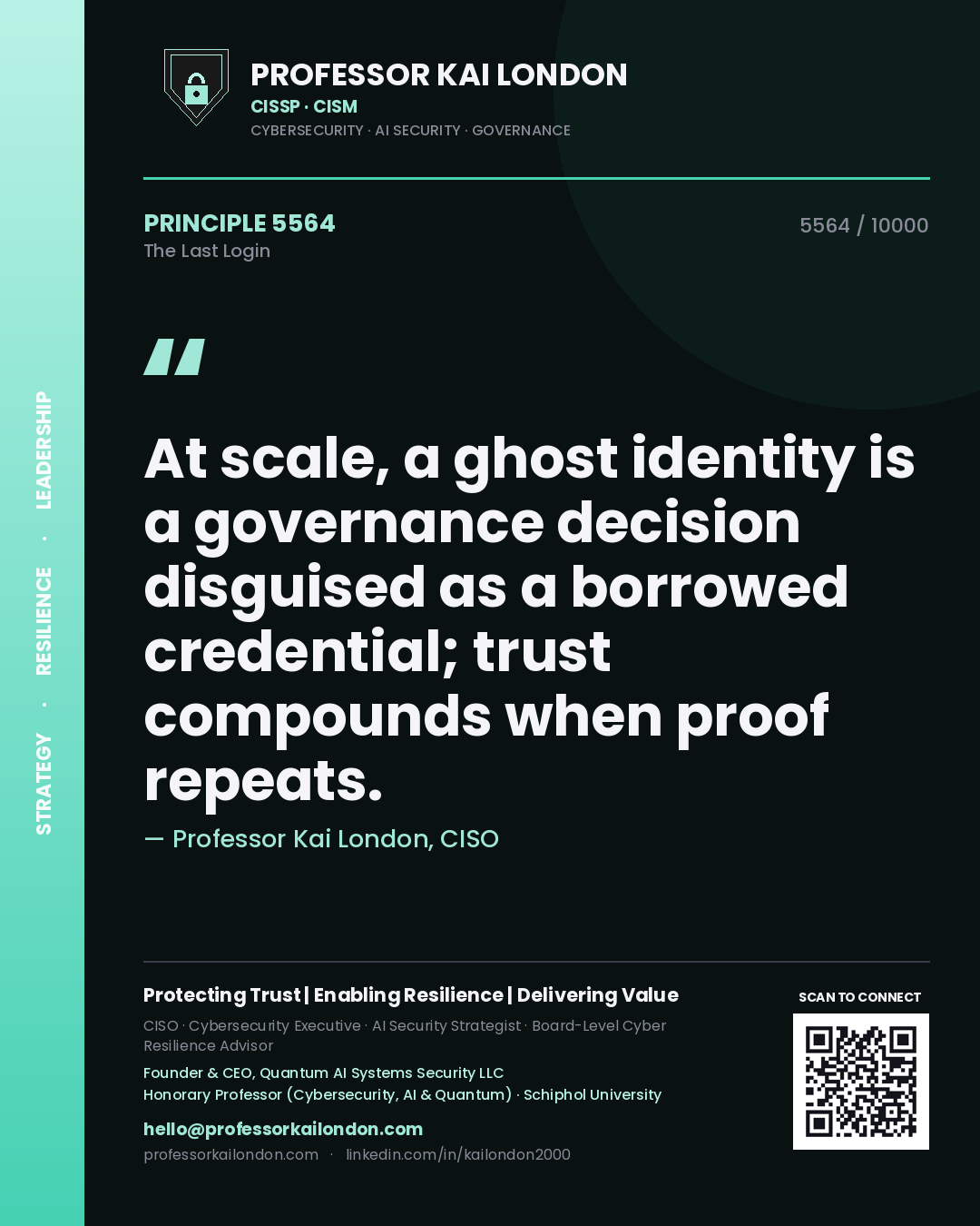 Quote card by Professor Kai London reading 'At scale, a ghost identity is a governance decision disguised as a borrowed credential; trust compounds when proof repeats.'. From the book The Last Login.