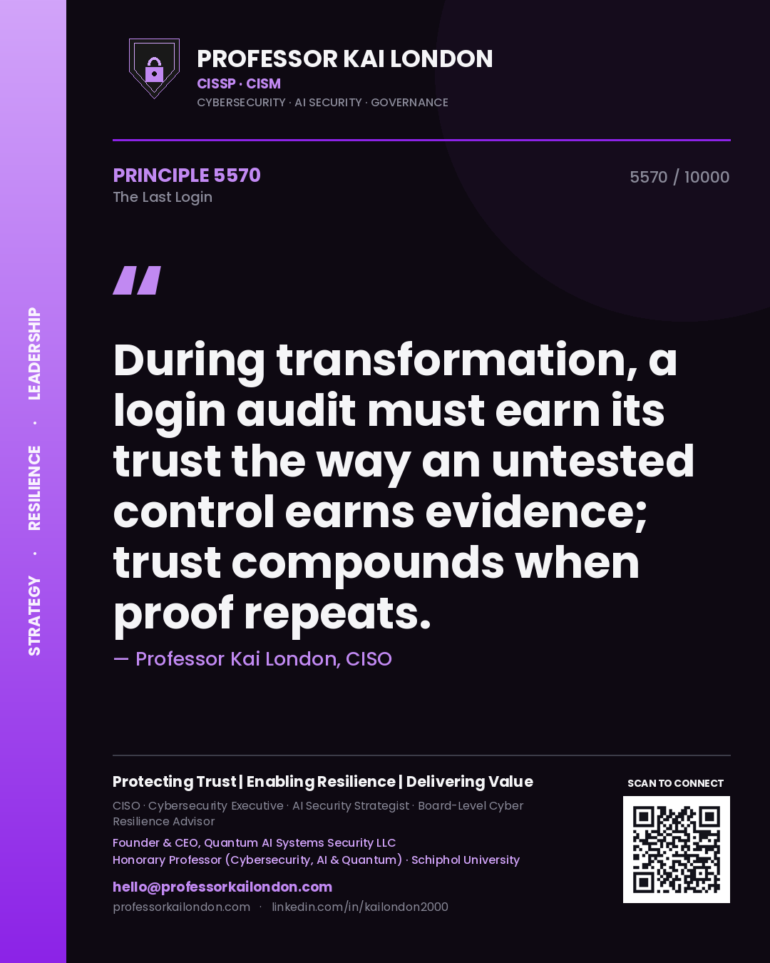 Quote card by Professor Kai London reading 'During transformation, a login audit must earn its trust the way an untested control earns evidence; trust compounds when proof repeats.'. From the book The Last Login.