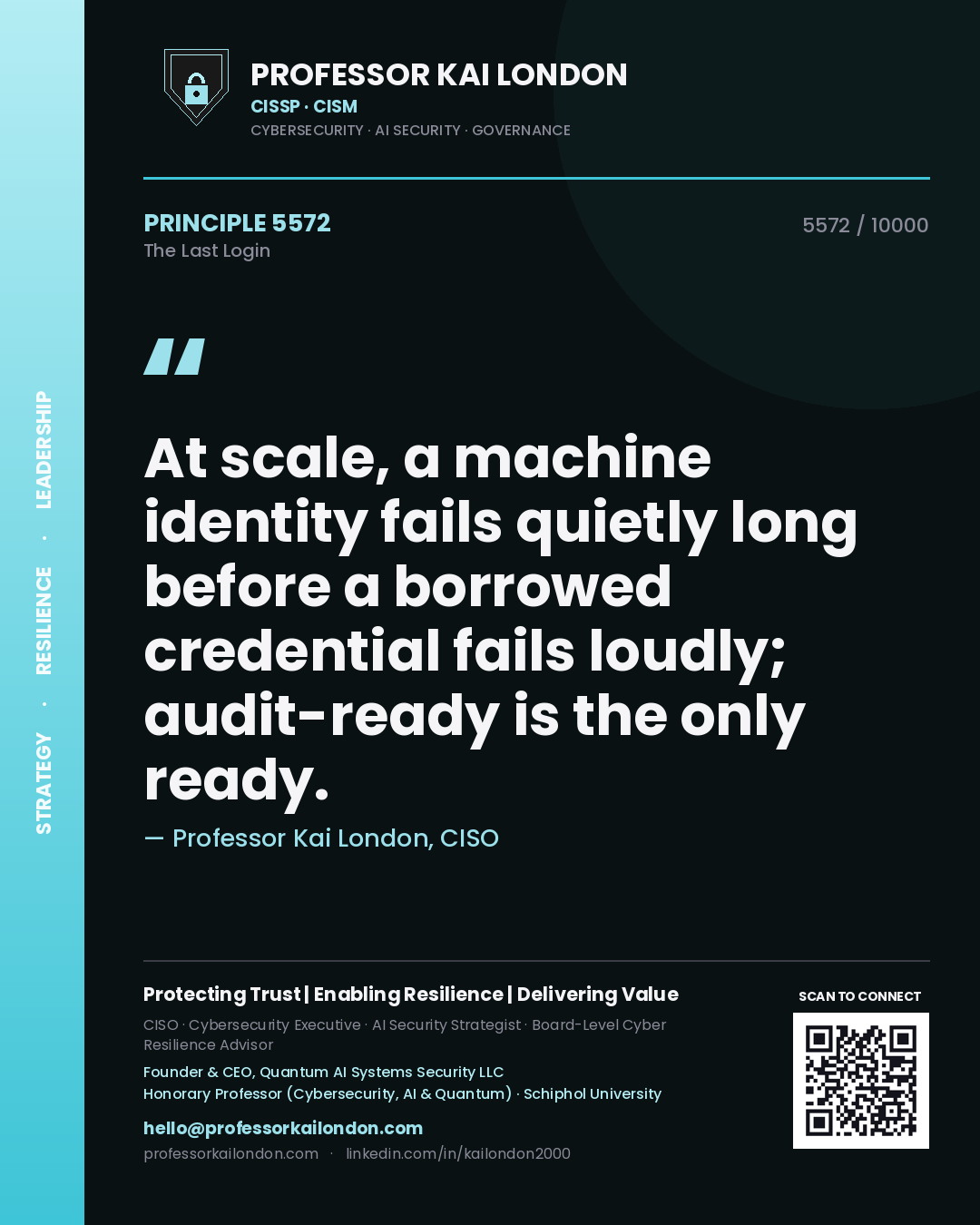 Quote card by Professor Kai London reading 'At scale, a machine identity fails quietly long before a borrowed credential fails loudly; audit-ready is the only ready.'. From the book The Last Login.
