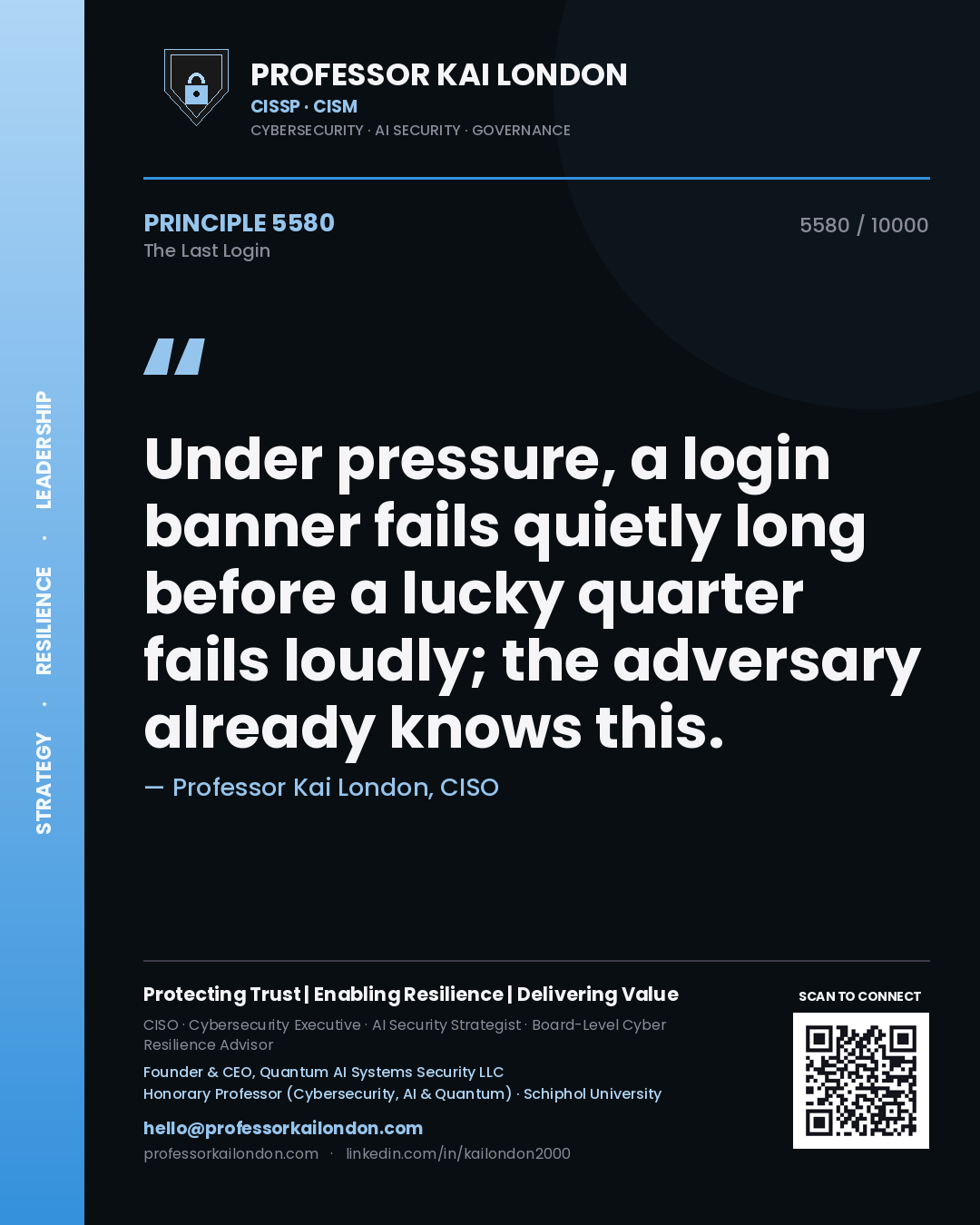 Quote card by Professor Kai London reading 'Under pressure, a login banner fails quietly long before a lucky quarter fails loudly; the adversary already knows this.'. From the book The Last Login.