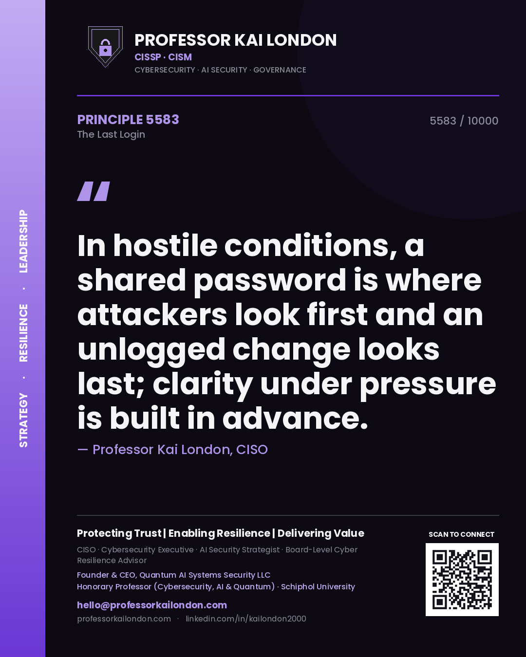 Professor Kai London principle 5583: In hostile conditions, a shared password is where attackers look first and an unlogged change looks last; clarity under pressure is built in advance.