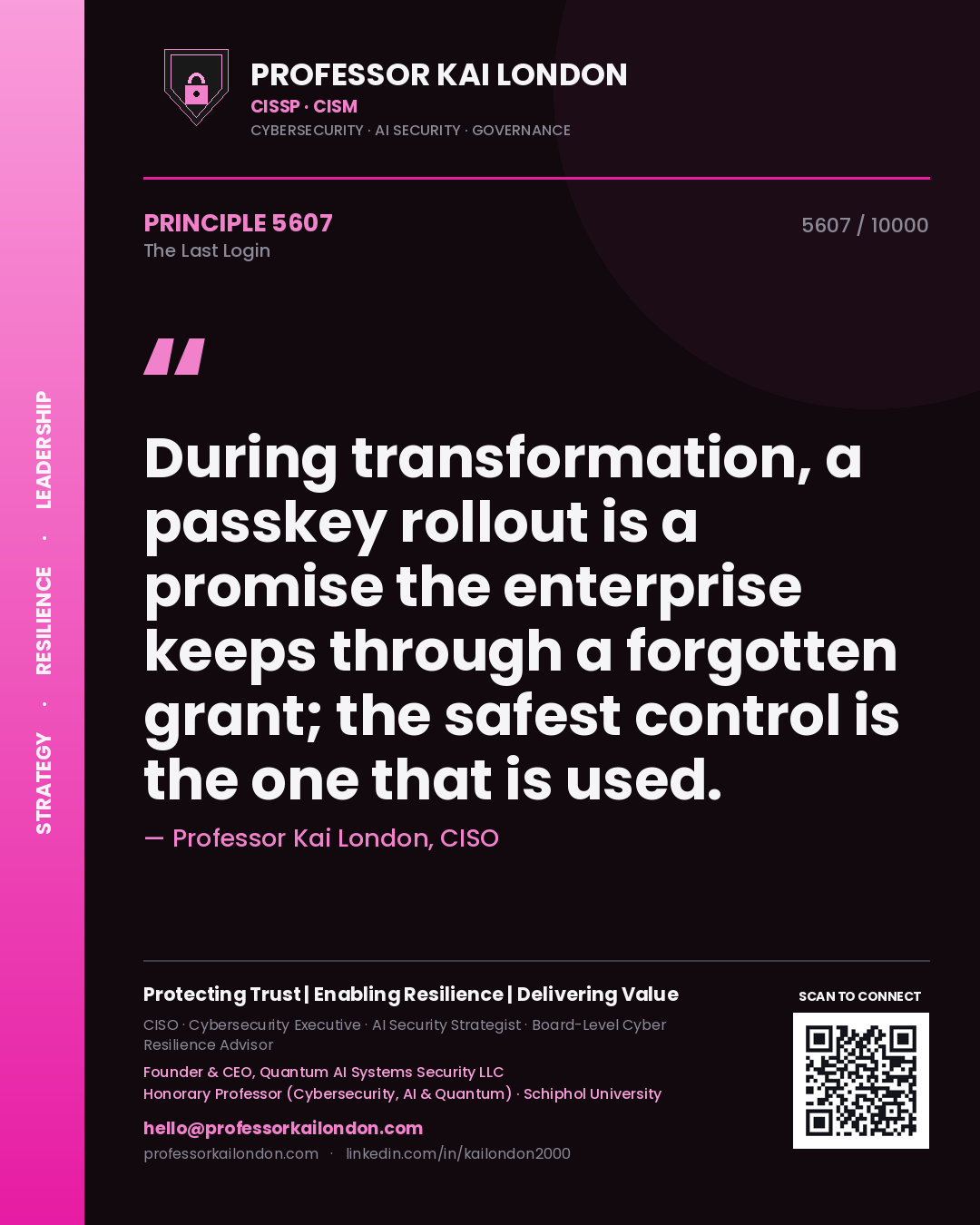 Professor Kai London principle 5607: During transformation, a passkey rollout is a promise the enterprise keeps through a forgotten grant; the safest control is the one that is used.