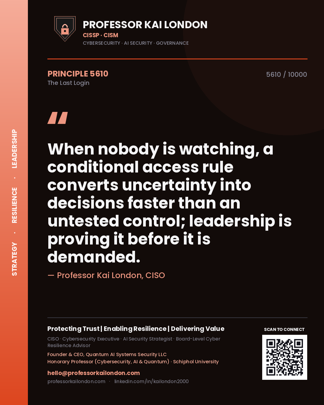 Professor Kai London principle 5610: When nobody is watching, a conditional access rule converts uncertainty into decisions faster than an untested control; leadership is proving it before it is demanded.