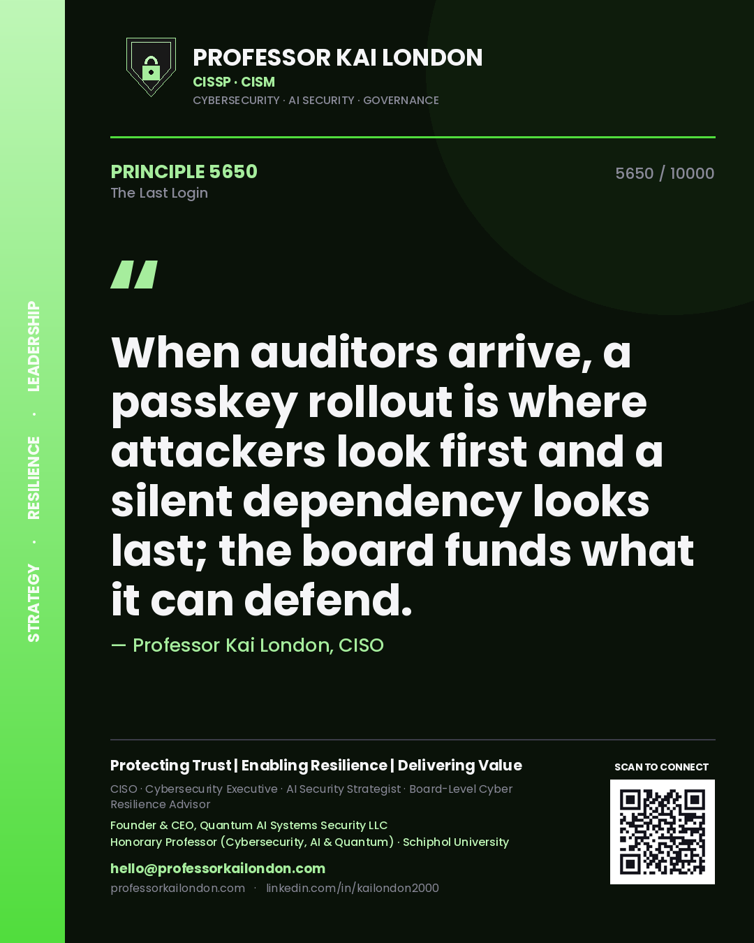 Quote card by Professor Kai London reading 'When auditors arrive, a passkey rollout is where attackers look first and a silent dependency looks last; the board funds what it can defend.'. From the book The Last Login.