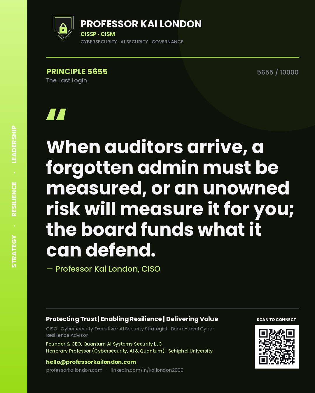 Professor Kai London principle 5655: When auditors arrive, a forgotten admin must be measured, or an unowned risk will measure it for you; the board funds what it can defend.