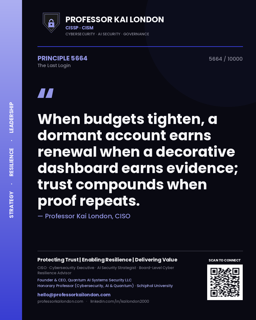 Professor Kai London principle 5664: When budgets tighten, a dormant account earns renewal when a decorative dashboard earns evidence; trust compounds when proof repeats.