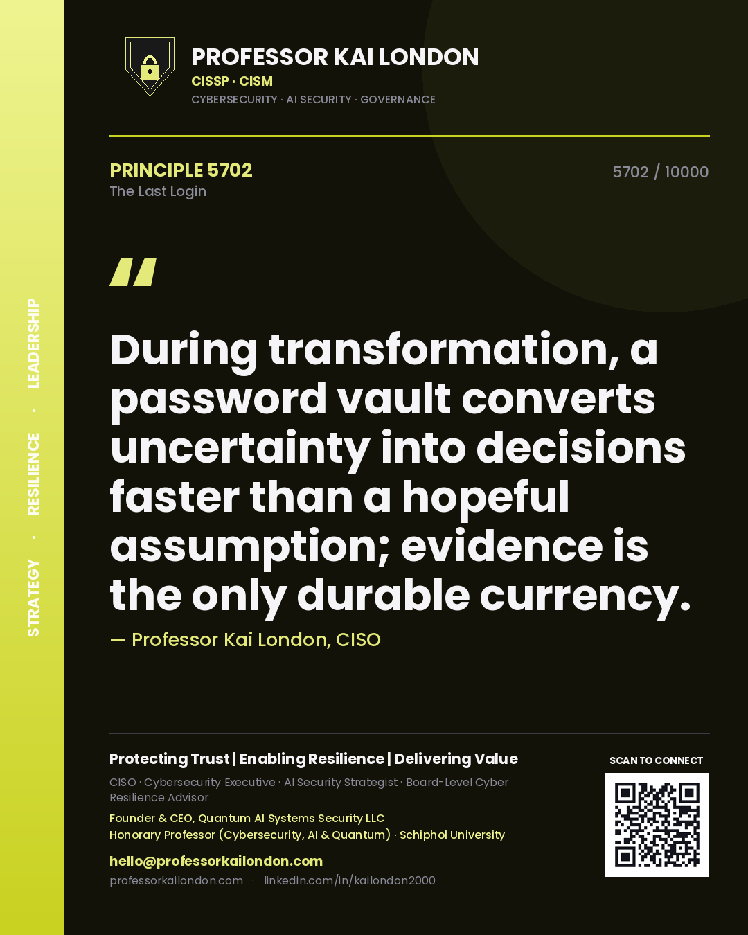 Professor Kai London principle 5702: During transformation, a password vault converts uncertainty into decisions faster than a hopeful assumption; evidence is the only durable currency.