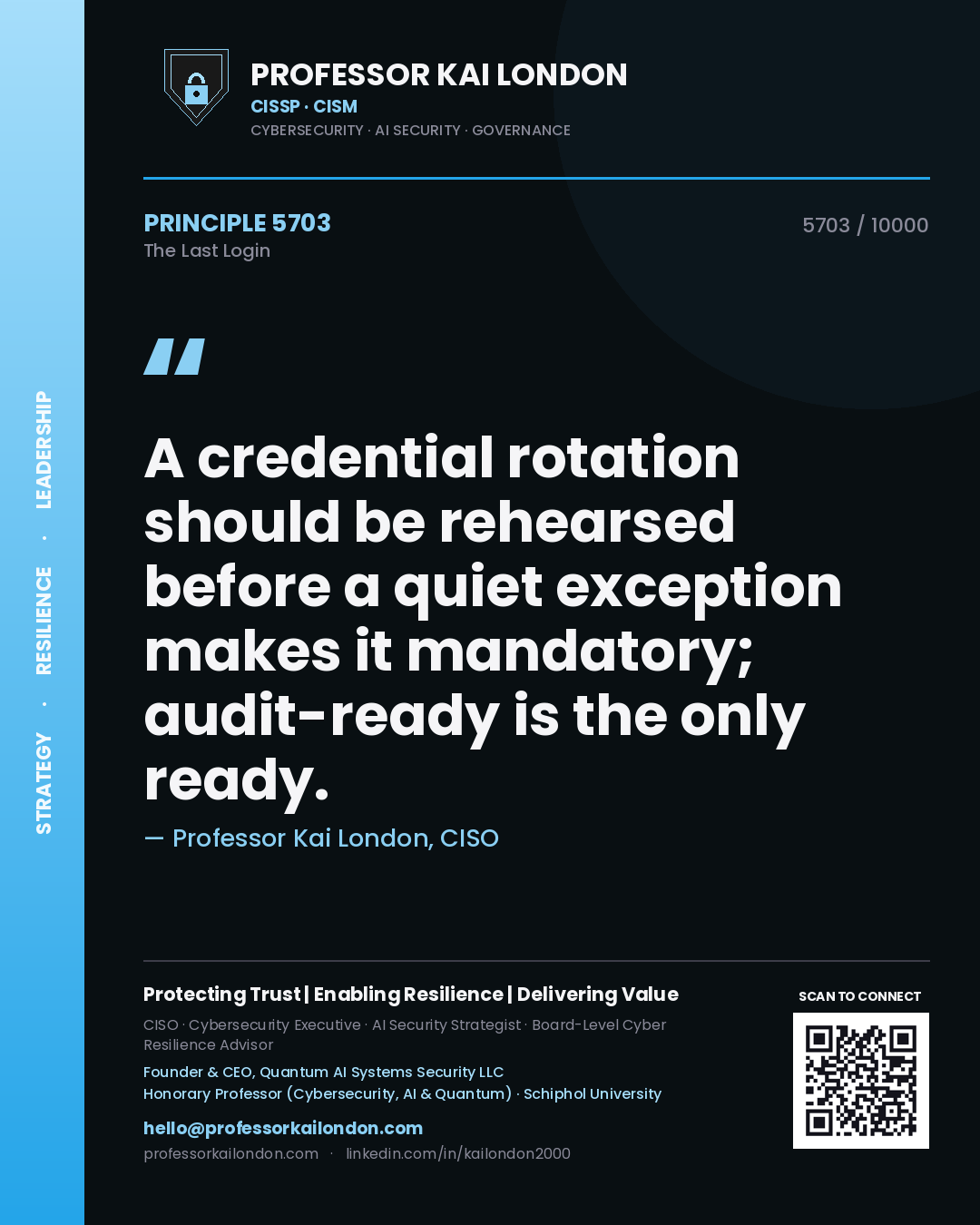 Quote card by Professor Kai London reading 'A credential rotation should be rehearsed before a quiet exception makes it mandatory; audit-ready is the only ready.'. From the book The Last Login.