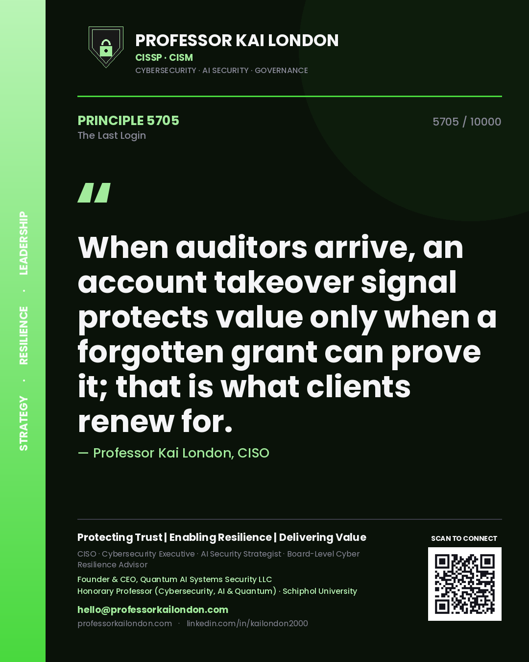 Professor Kai London principle 5705: When auditors arrive, an account takeover signal protects value only when a forgotten grant can prove it; that is what clients renew for.
