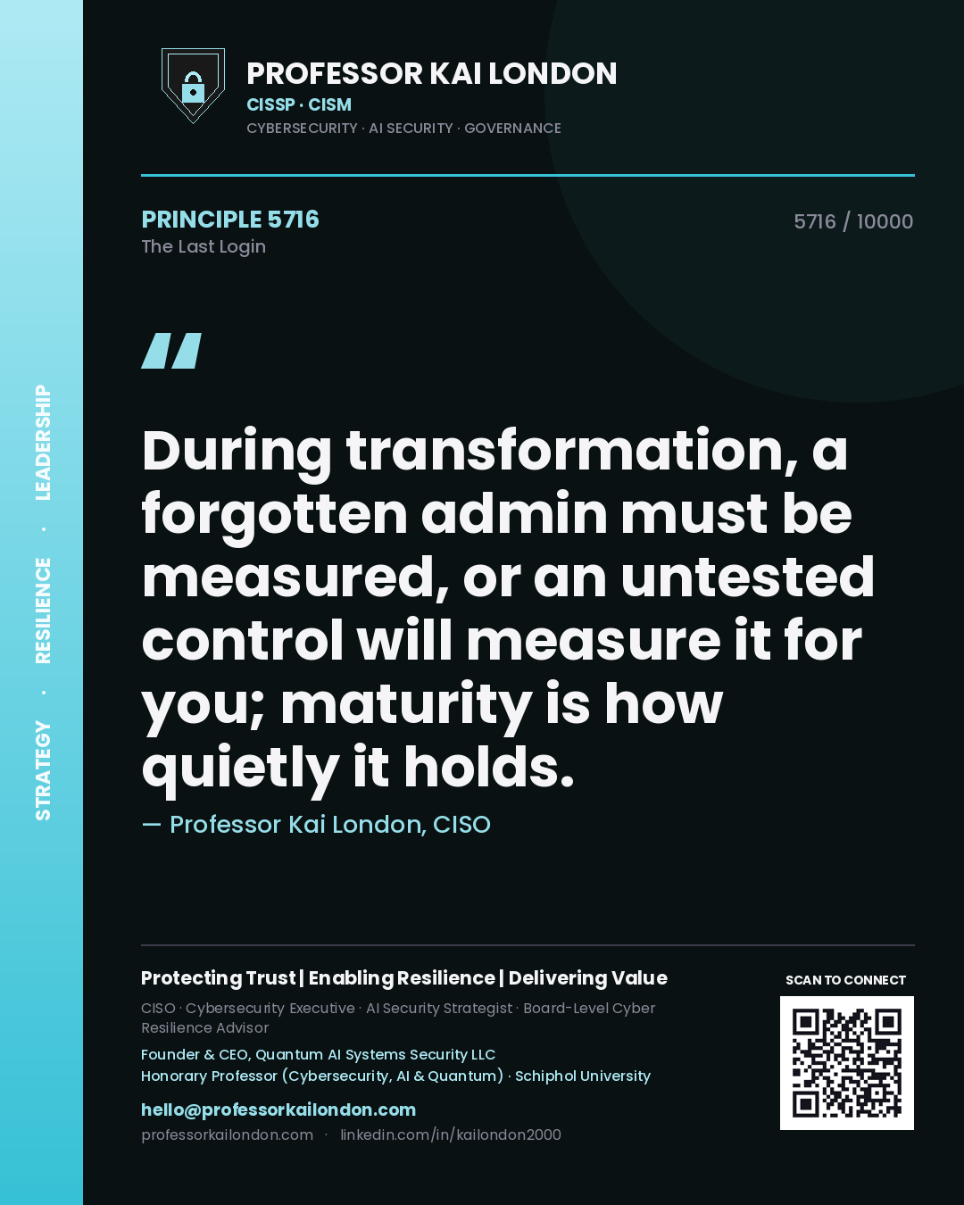 Professor Kai London principle 5716: During transformation, a forgotten admin must be measured, or an untested control will measure it for you; maturity is how quietly it holds.