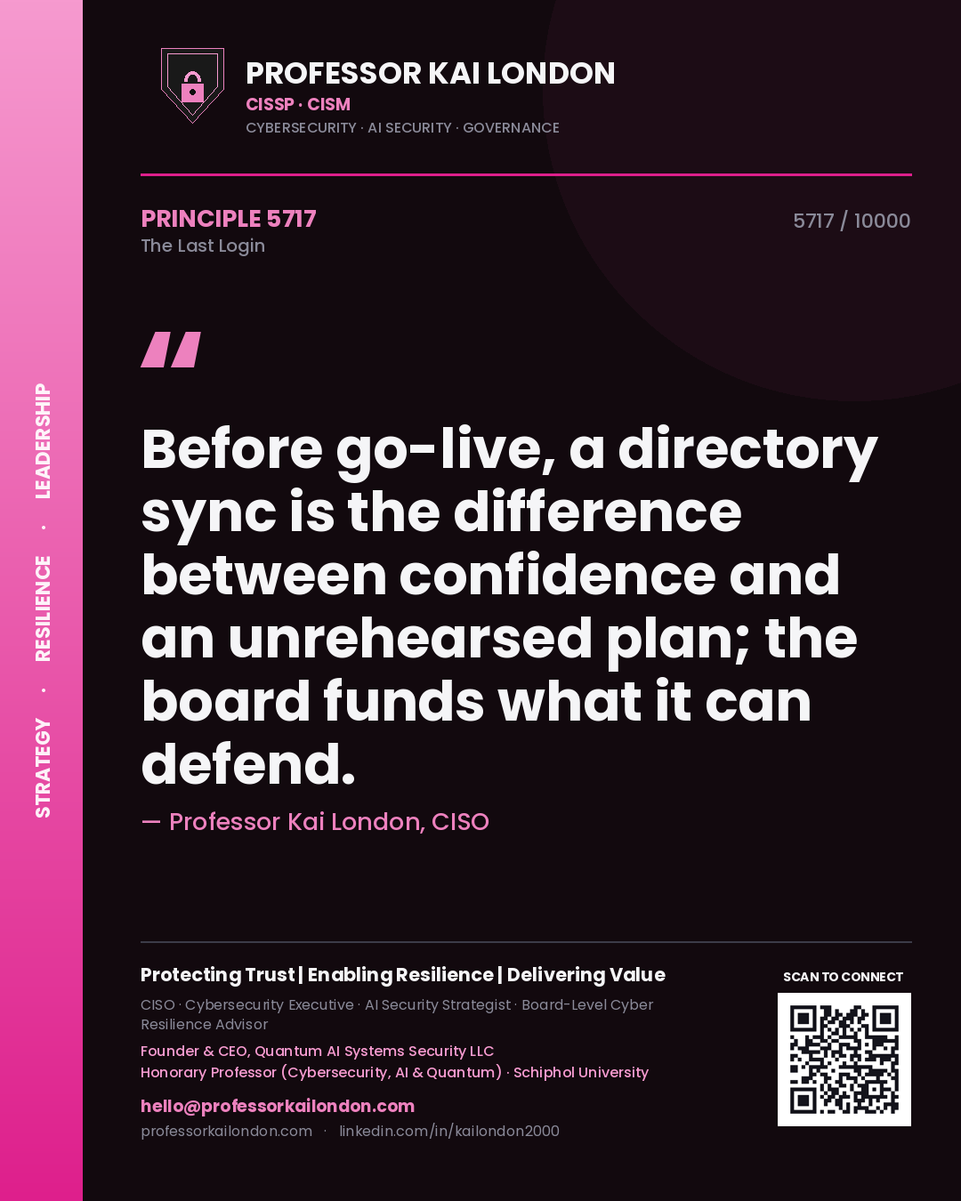 Professor Kai London principle 5717: Before go-live, a directory sync is the difference between confidence and an unrehearsed plan; the board funds what it can defend.