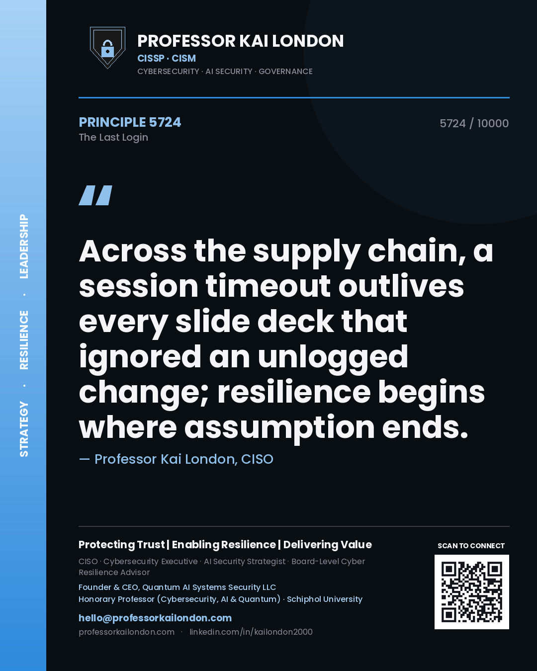 Professor Kai London principle 5724: Across the supply chain, a session timeout outlives every slide deck that ignored an unlogged change; resilience begins where assumption ends.