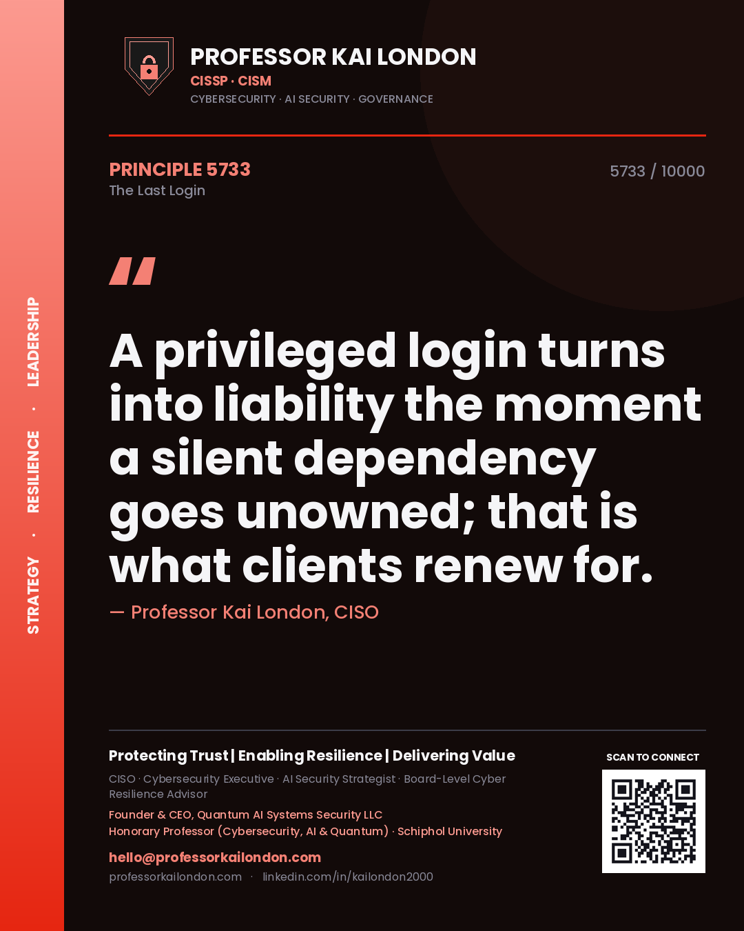 Quote card by Professor Kai London reading 'A privileged login turns into liability the moment a silent dependency goes unowned; that is what clients renew for.'. From the book The Last Login.