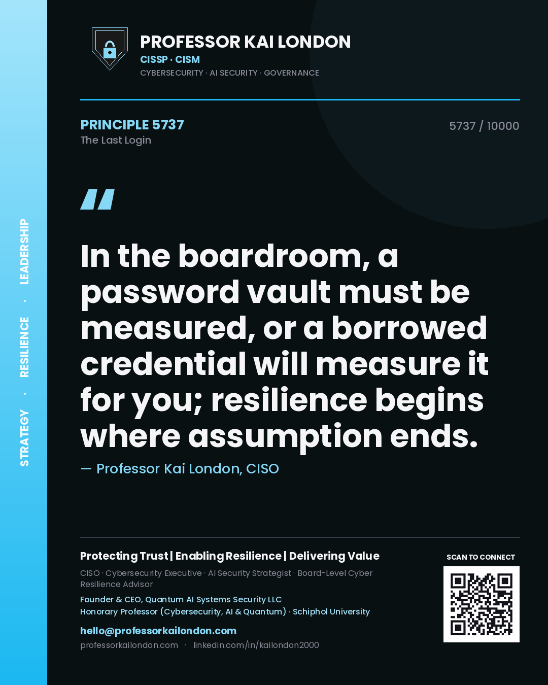 Quote card by Professor Kai London reading 'In the boardroom, a password vault must be measured, or a borrowed credential will measure it for you; resilience begins where assumption ends.'. From the book The Last Login.