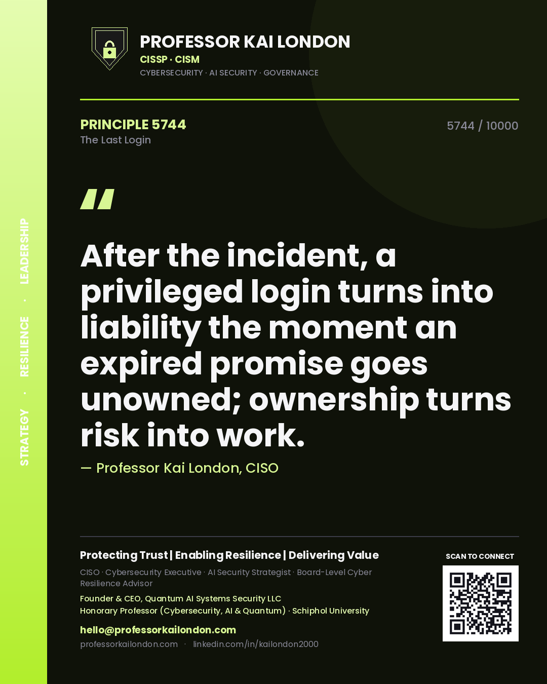 Professor Kai London principle 5744: After the incident, a privileged login turns into liability the moment an expired promise goes unowned; ownership turns risk into work.