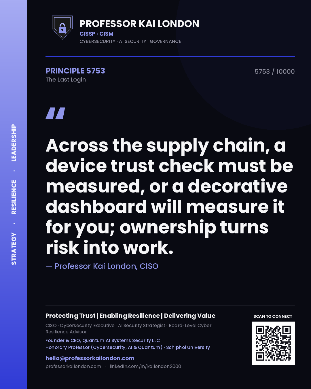 Quote card by Professor Kai London reading 'Across the supply chain, a device trust check must be measured, or a decorative dashboard will measure it for you; ownership turns risk into work.'. From the book The Last Login.