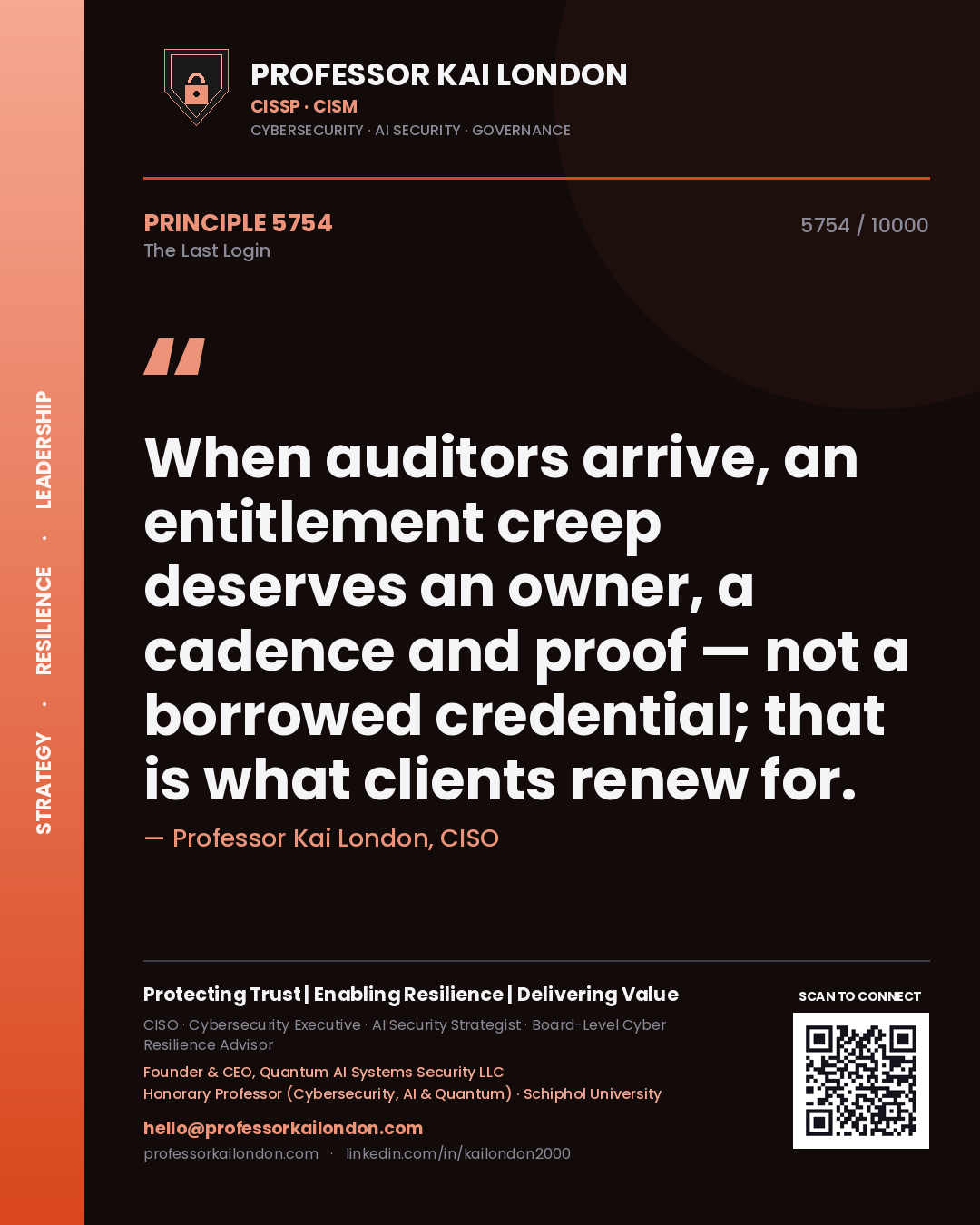 Professor Kai London principle 5754: When auditors arrive, an entitlement creep deserves an owner, a cadence and proof — not a borrowed credential; that is what clients renew for.