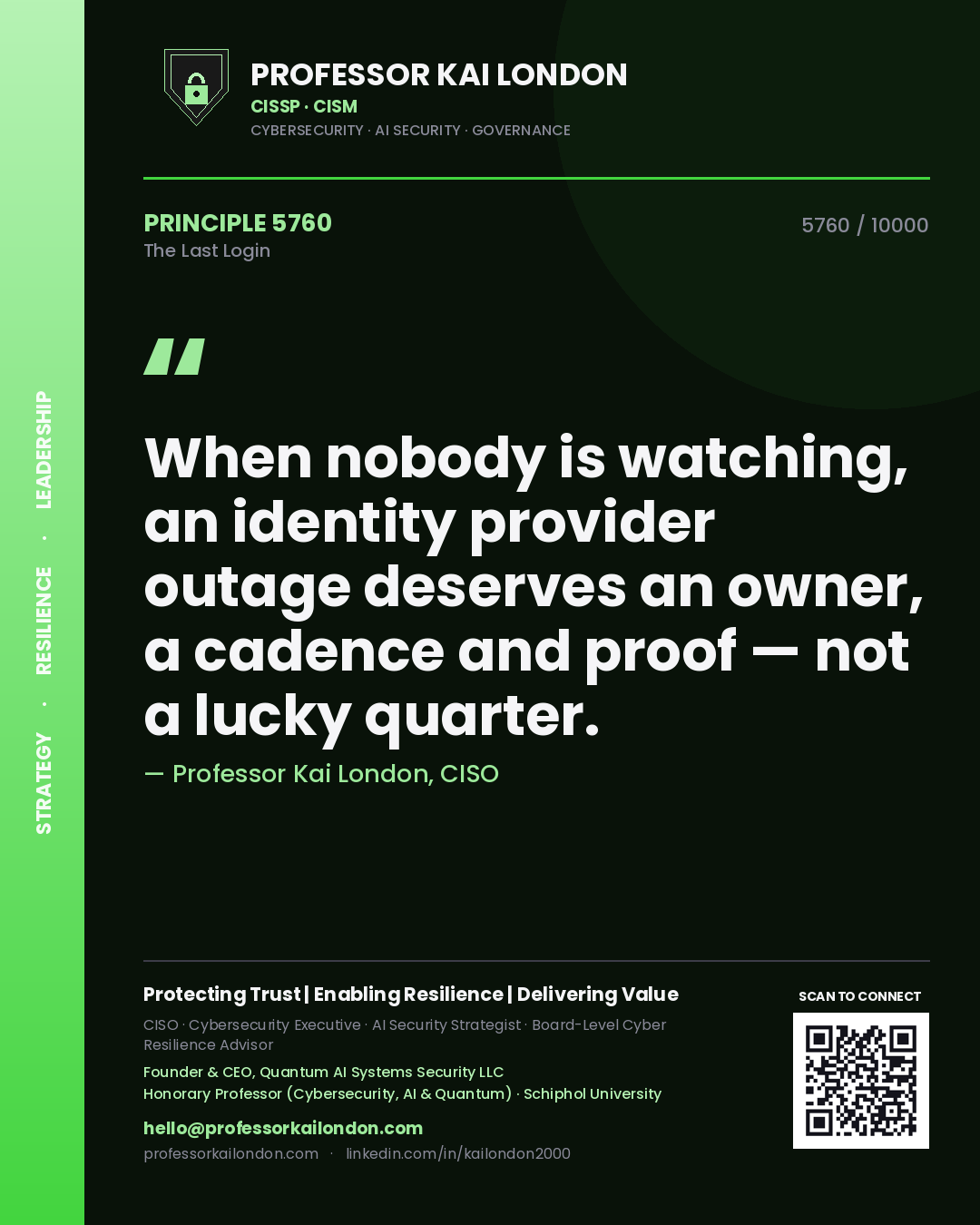 Quote card by Professor Kai London reading 'When nobody is watching, an identity provider outage deserves an owner, a cadence and proof — not a lucky quarter.'. From the book The Last Login.