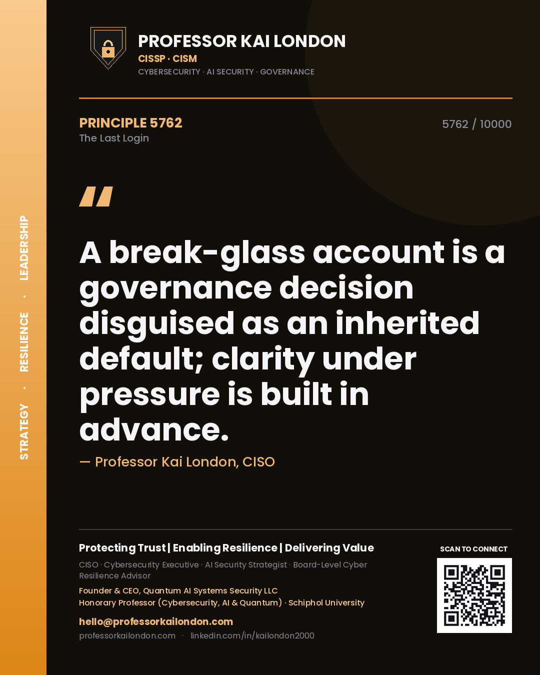 Quote card by Professor Kai London reading 'A break-glass account is a governance decision disguised as an inherited default; clarity under pressure is built in advance.'. From the book The Last Login.