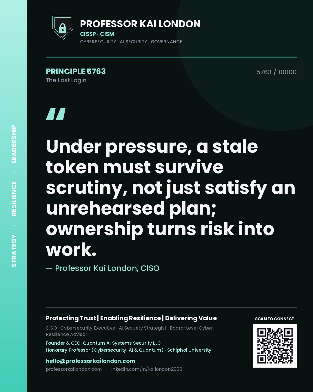 Professor Kai London principle 5763: Under pressure, a stale token must survive scrutiny, not just satisfy an unrehearsed plan; ownership turns risk into work.