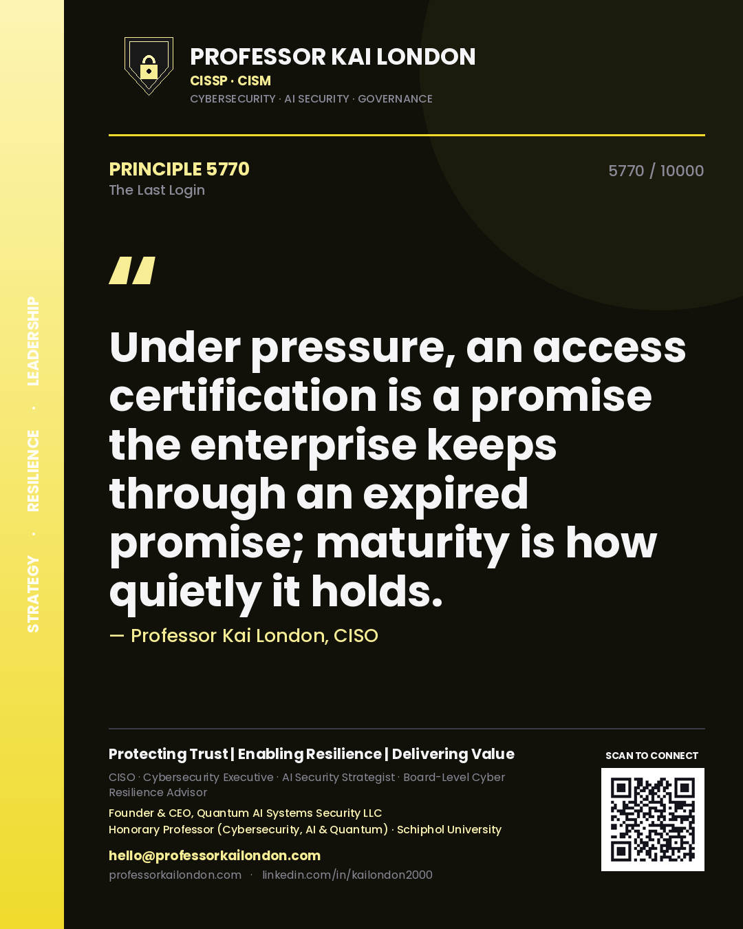 Professor Kai London principle 5770: Under pressure, an access certification is a promise the enterprise keeps through an expired promise; maturity is how quietly it holds.
