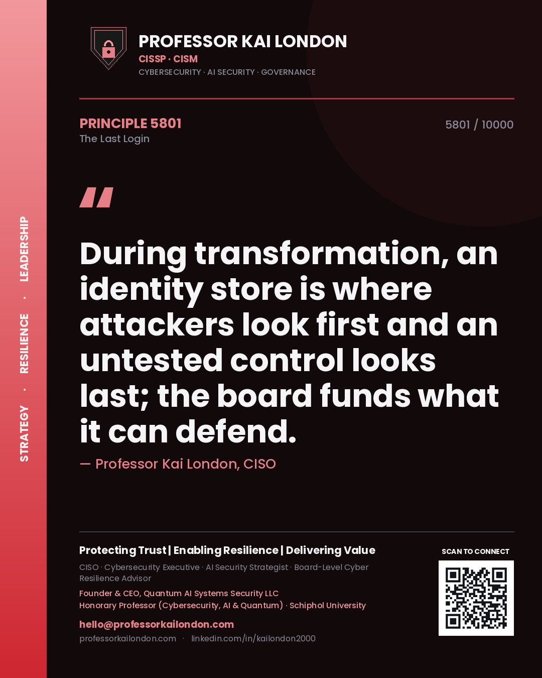 Professor Kai London principle 5801: During transformation, an identity store is where attackers look first and an untested control looks last; the board funds what it can defend.