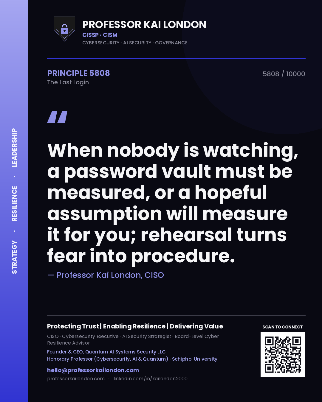 Quote card by Professor Kai London reading 'When nobody is watching, a password vault must be measured, or a hopeful assumption will measure it for you; rehearsal turns fear into procedure.'. From the book The Last Login.