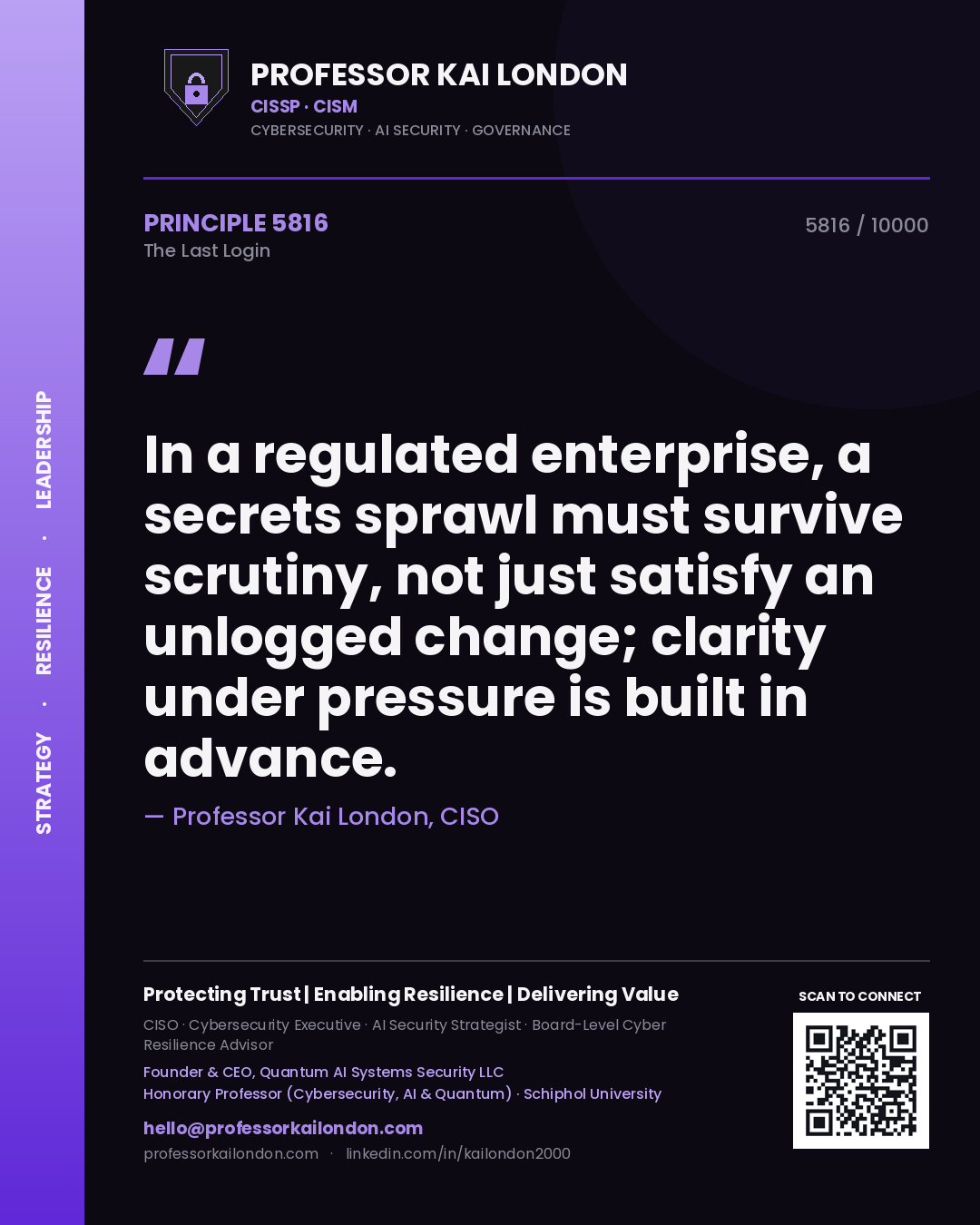 Quote card by Professor Kai London reading 'In a regulated enterprise, a secrets sprawl must survive scrutiny, not just satisfy an unlogged change; clarity under pressure is built in advance.'. From the book The Last Login.