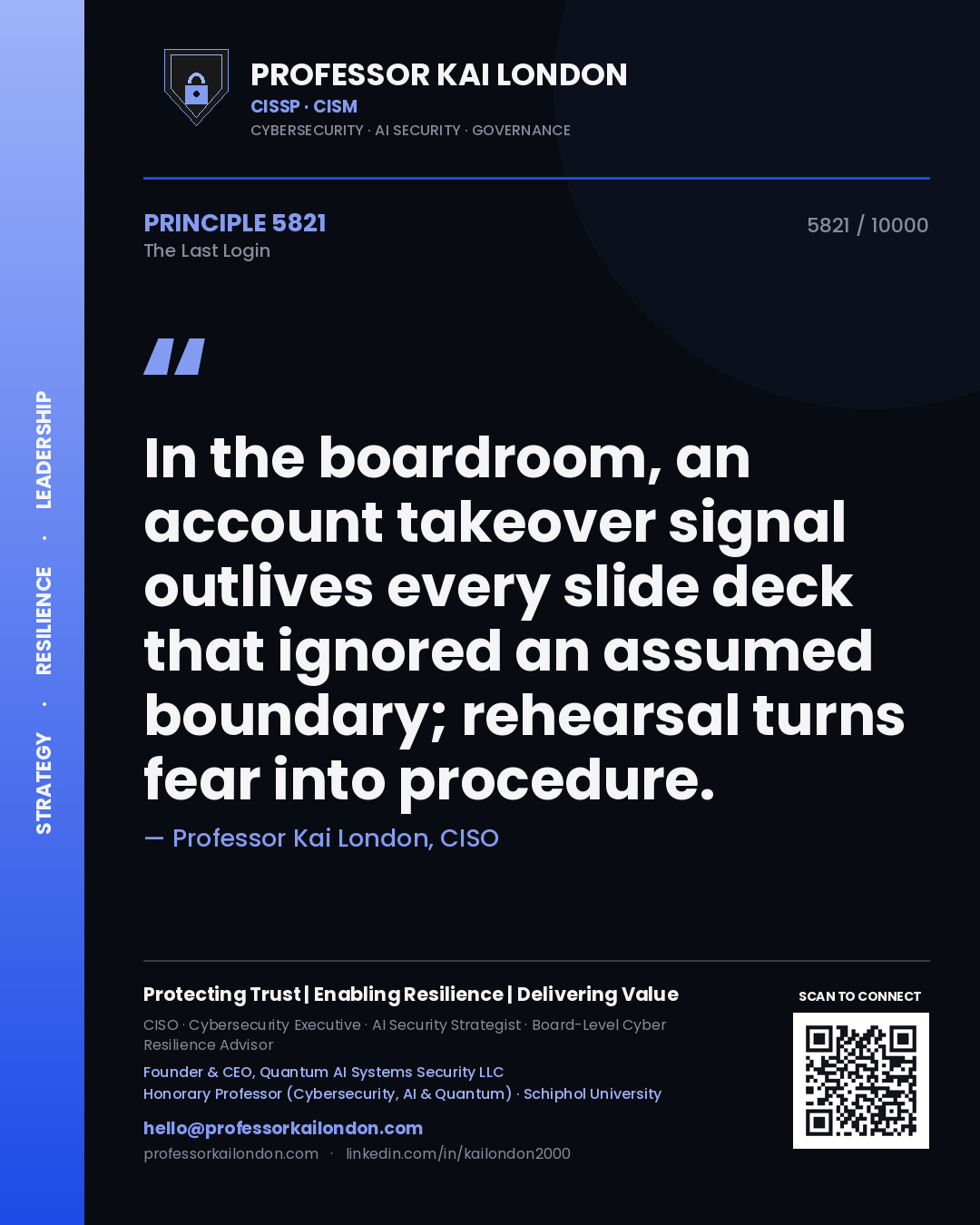Professor Kai London principle 5821: In the boardroom, an account takeover signal outlives every slide deck that ignored an assumed boundary; rehearsal turns fear into procedure.