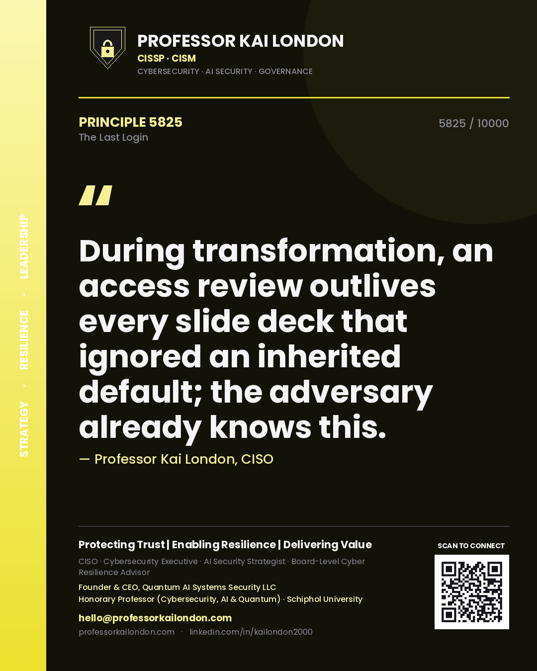 Quote card by Professor Kai London reading 'During transformation, an access review outlives every slide deck that ignored an inherited default; the adversary already knows this.'. From the book The Last Login.