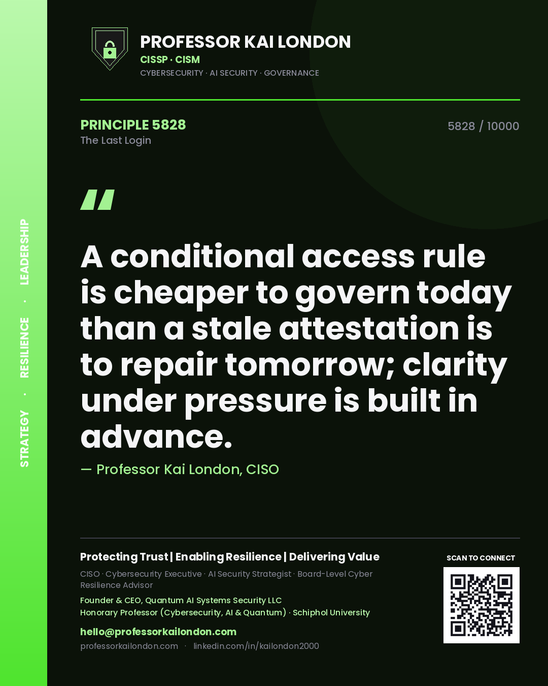Quote card by Professor Kai London reading 'A conditional access rule is cheaper to govern today than a stale attestation is to repair tomorrow; clarity under pressure is built in advance.'. From the book The Last Login.