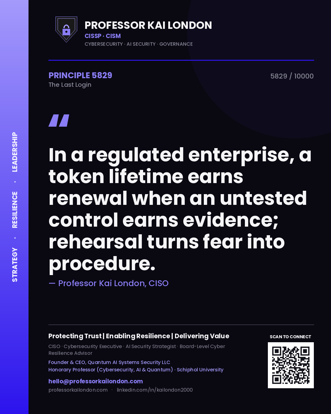 Quote card by Professor Kai London reading 'In a regulated enterprise, a token lifetime earns renewal when an untested control earns evidence; rehearsal turns fear into procedure.'. From the book The Last Login.