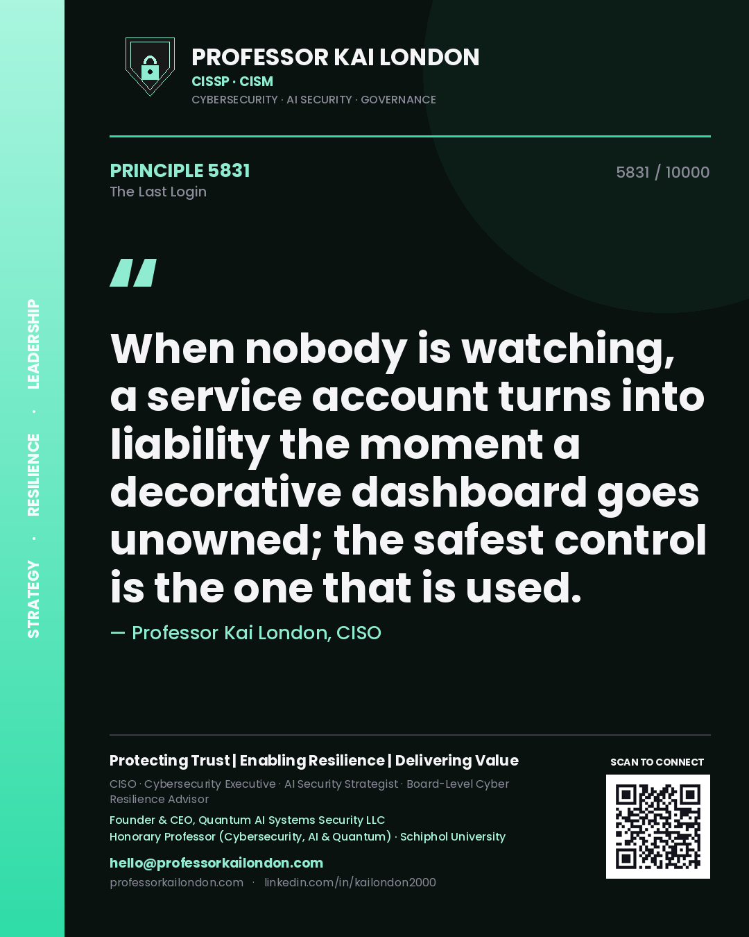 Professor Kai London principle 5831: When nobody is watching, a service account turns into liability the moment a decorative dashboard goes unowned; the safest control is the one that is used.