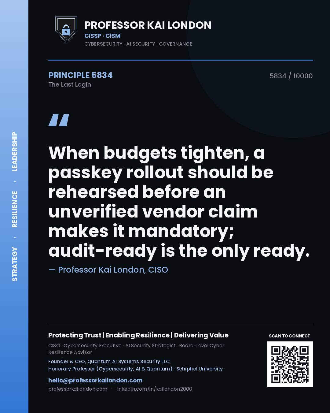 Quote card by Professor Kai London reading 'When budgets tighten, a passkey rollout should be rehearsed before an unverified vendor claim makes it mandatory; audit-ready is the only ready.'. From the book The Last Login.